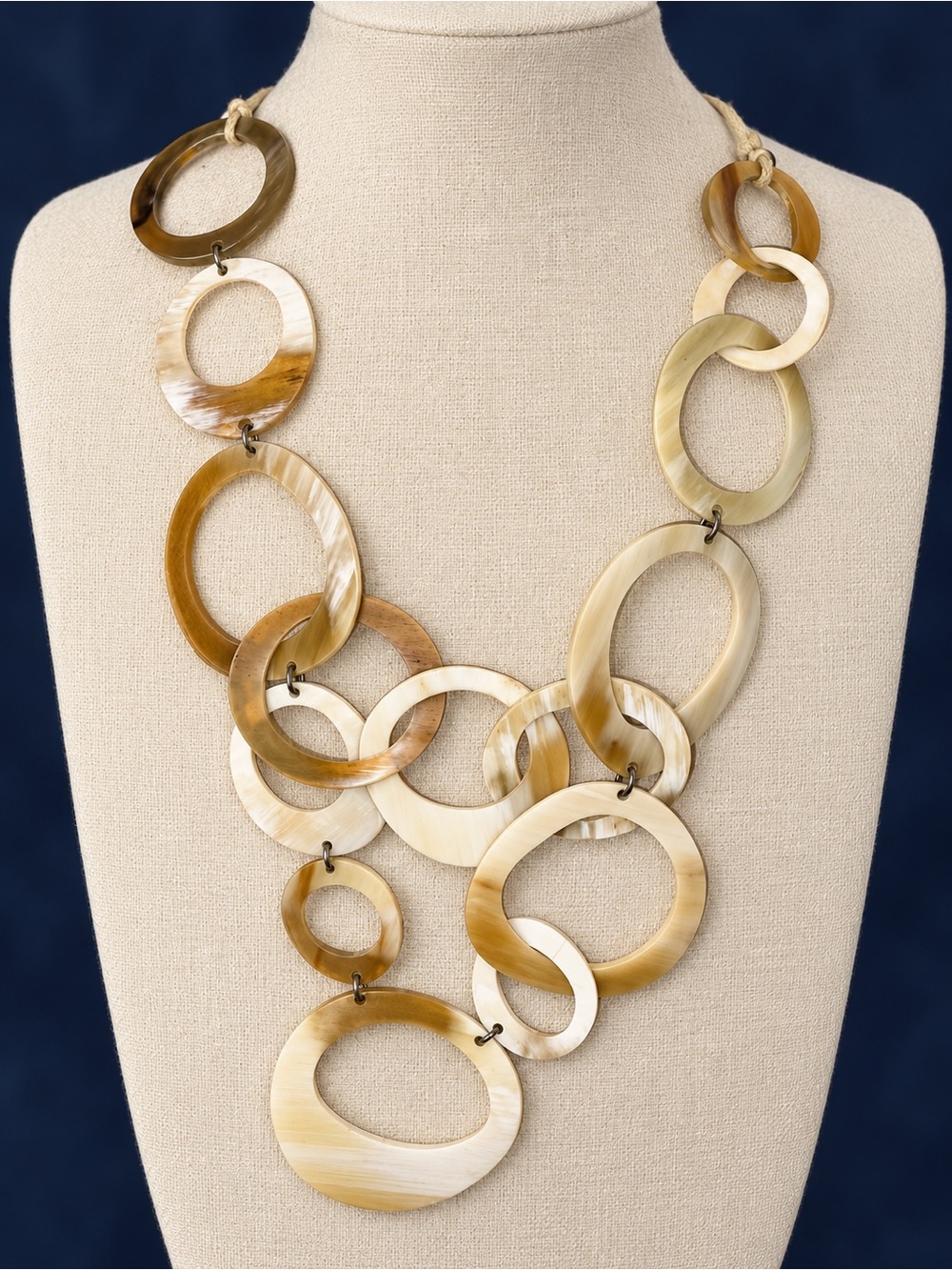 Hand Crafted Tagua Nut Honey and Cream Linked Oval Statement Necklace